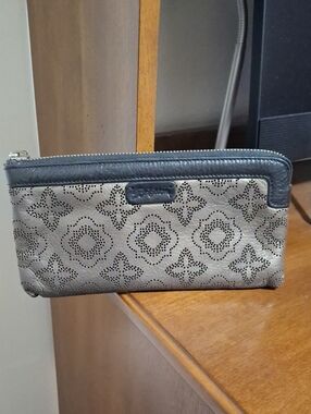 Brighton Metallic Pewter Wallet with Black Trim and Perforated Floral Design